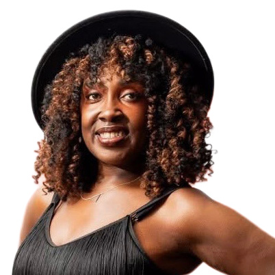 Dance in the Dark™: Groove to Give Festival Crystal Dismuke, Groove to Give Festival instructor, smiling in a black fringed outfit and black hat.