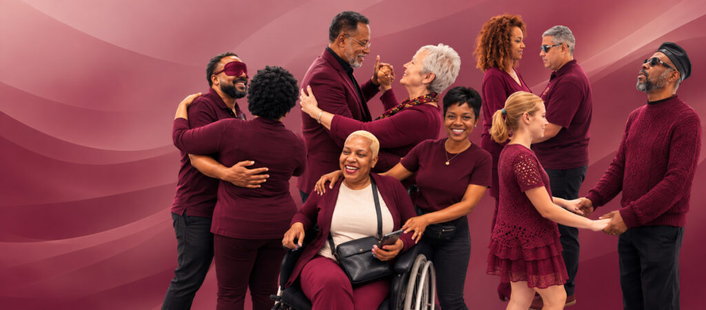Backdrop photo of 5 couples dancing in close embrace.  Participants are blind, visually impaired or sighted and wearing blindfolds.  One visually impaired participant is in a wheelchair.  